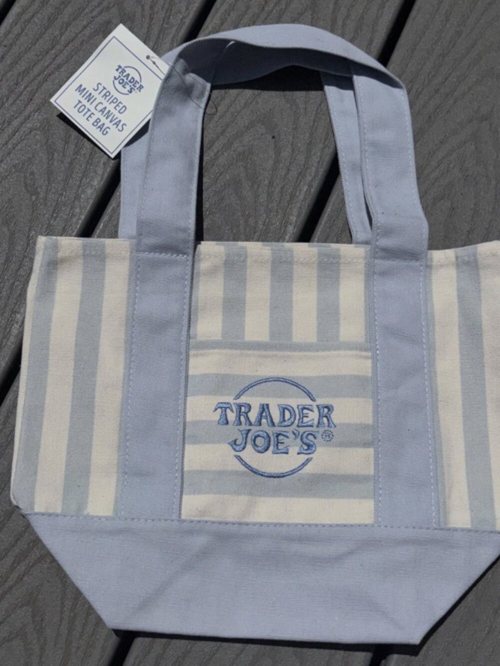 NWT Trader Joe’s Blue Mini Pastel Stripe Canvas Tote Bag Limited Edition